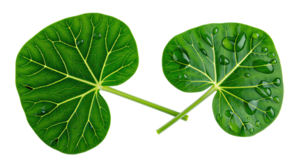 Glossy Green Leaf with Dew Drops, Transparent Background, Graphic Design Element