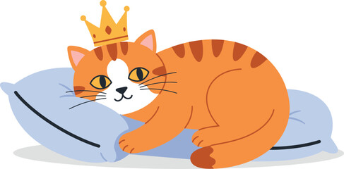 Adorable orange tabby cat wearing a golden crown rests comfortably on a soft blue pillow looking regal and pampered