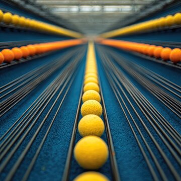 Rows of bright yellow and orange balls on dark blue tracks, perspective shot