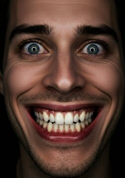 Close up of a man with wide, extreme smile and eyes showing mental health concept, loneliness or schizophrenia.