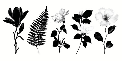 Botanical collage featuring magnolia flower palm frond fern cluster rose bud eucalyptus in monochrome against white silhouette © DARK TRUST
