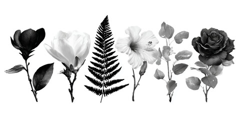 Monochromatic botanical silhouettes of magnolia fern rose eucalyptus and palm frond cluster silhouette © DARK TRUST