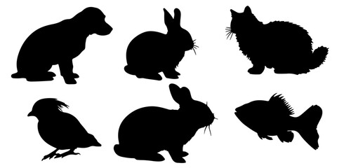  distinct animal silhouettes collection featuring dog cat rabbit parrot hamster and goldfish shapes silhouette