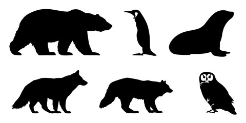 Set of six black animal silhouettes including a polar bear penguin walrus seal fox and owl on a silhouette