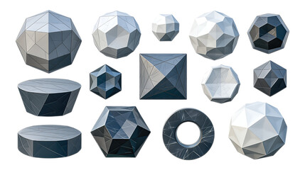 Set of various geometric 3D polyhedron shapes in stone or metal texture isolated on transparent background