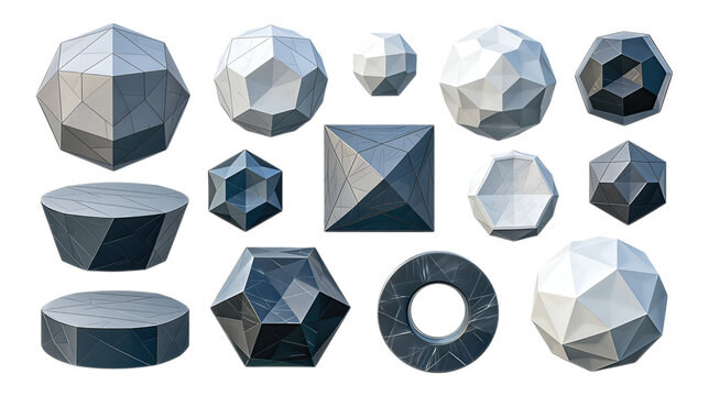 Set of various geometric 3D polyhedron shapes in stone or metal texture isolated on transparent background