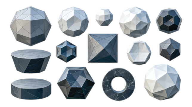 Set of various geometric 3D polyhedron shapes in stone or metal texture isolated on transparent background