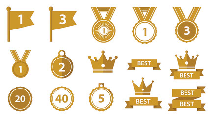 Vector art of collection of golden award icons, featuring medals, flags, crowns, and ribbons, perfect for celebrating achievements and recognizing excellence