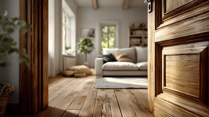 Naklejka premium View through a beautifully crafted, open pine wood door and doorframe, looking into a bright, minimalist living room. The interior room is softly focused and welcoming.