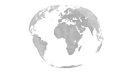 Vector art of a dotted world map showing the continents and oceans, creating a global view of the planet, the dots form the shape of the earth in a minimalist style