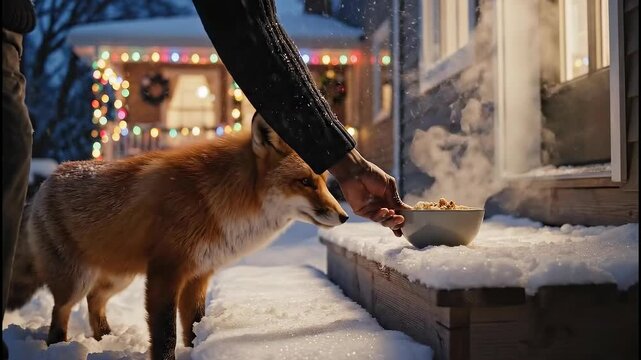 A red fox receives a warm bowl of food from a person in a snowy yard. Christmas lights decorate a suburban home in winter. Human and wildlife interaction concept
