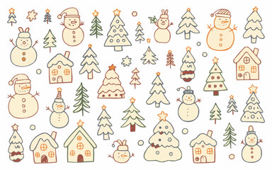 Cute winter holiday pattern with cheerful snowmen, Christmas trees, and cozy houses perfect for festive designs and seasonal celebrations