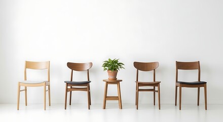 Row of five chairs with a plant on a stool isolated on white background