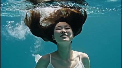 A woman with long hair floats underwater in slow motion. She gracefully turns in a white dress in the clear blue water. Ethereal and artistic beauty portrait