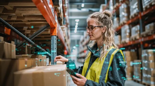 a woman working in a warehouse using a scanner to check boxes. She wears a reflective vest and glasses, ensuring efficiency and accuracy
