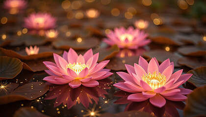 Serene Pink Lotus Flowers with Glowing Centers on Water