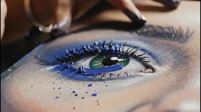 An artist's hand painting a realistic eye with a brush in close-up. Applying thick, textured blue paint to a canvas. The creative process of fine art and hyperrealism