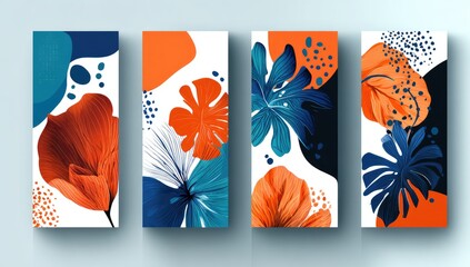 Abstract floral art; four vertical panels feature vibrant orange, red, and blue tropical leaf and flower designs on a white background with abstract shapes and dots