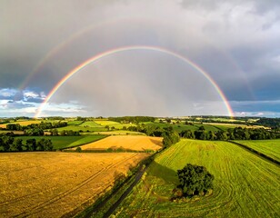 Obraz premium Aerial view of farmland beneath a double rainbow. Fields are golden and green, beneath a cloudy sky. The horizon stretches out