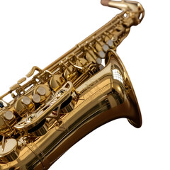 Obraz premium Golden saxophone close up musical instrument wind brass jazz music orchestra band professional player on transparent background