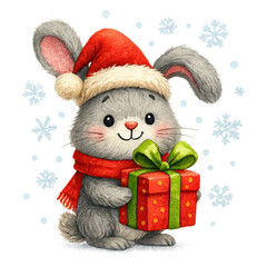 Gray bunny in festive red Santa hat and scarf, holding gift with green ribbon amid snowflakes