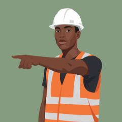 Confident African American Engineer Vector Portrait in Hard Hat and Safety Vest Pointing