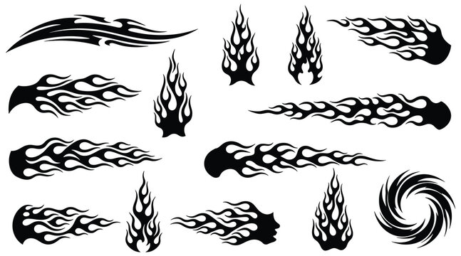 Vector art of collection of black flame decals, perfect for adding a fiery touch to vehicle graphics, tattoo designs, and edgy illustrations with a dynamic feel