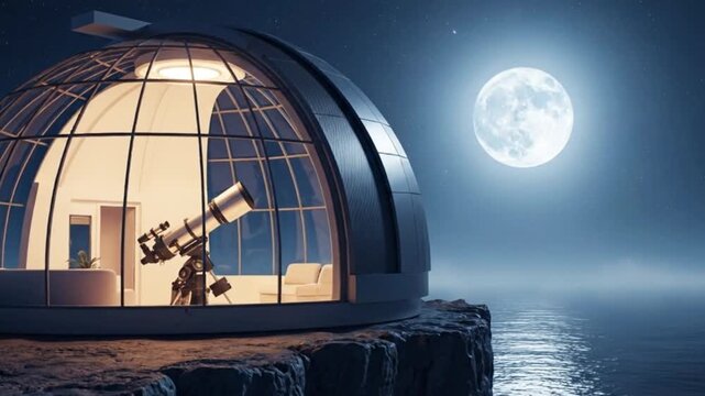 A modern observatory with a telescope on a cliff overlooking the ocean under a full moon, offering a view of the night sky and stars