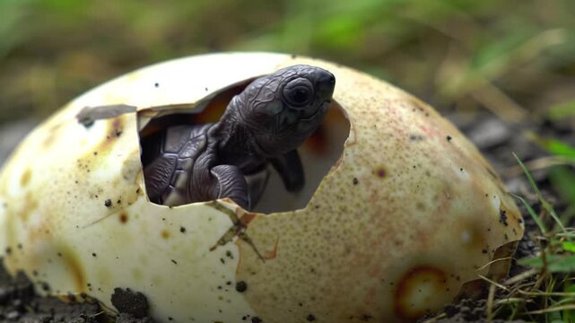 Baby Sea Turtle Hatching from Egg on Sandy Beach, Nature Miracle Moment