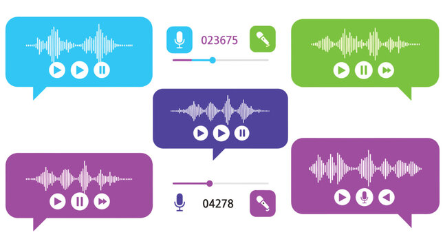 Vector art of voice message bubbles with sound waves, showcasing audio waveforms in vibrant colors, ideal for illustrating communication and technology concepts