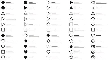 Vector art of set of various bullet point shapes, including circles, triangles, squares, diamonds, hearts, and stars, each with a line extending from it for text