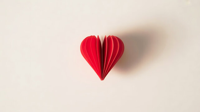 Red paper heart folded in half casting a shadow on a light background