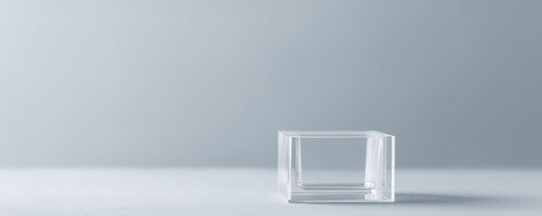 Minimalist studio shot of a clear hollow cube. Perfect for product display, concepts of transparency, structure, or modern design. Copy space for text, adaptable for various creative projects.