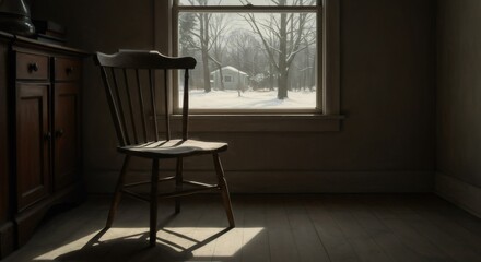 An empty wooden chair near a window with a snowy landscape view. Concept of isolation, loneliness, and mental health issues.
