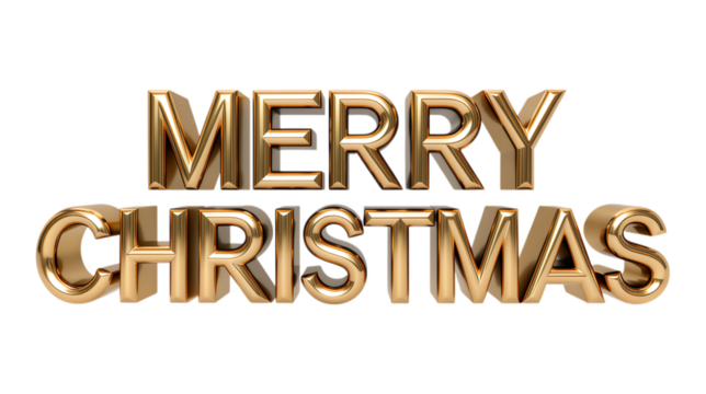 Gold Foil Merry Christmas Text on Transparent Background, Festive Holiday Design Element