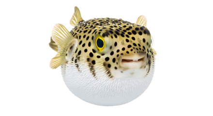 Pufferfish portrait with yellow eyes isolated on transparent background