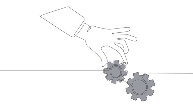 Continuous one-line drawing businessman's hand put an important gear or cogwheel to make the machine run good. Workflow concept. Single line draw design vector graphic illustration.