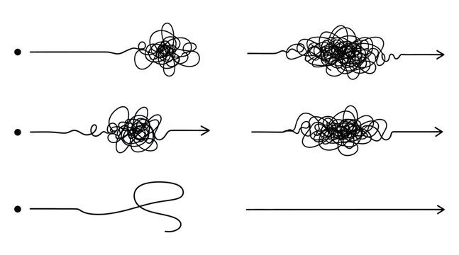 Vector art of set of tangled lines showing a complex path from point a to point b represents problem solving, confusion, or a difficult journey