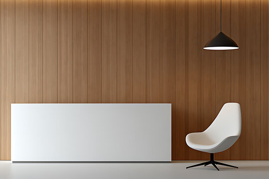 A minimalist setting with a wooden backdrop, featuring a sleek white chair and a striking black pendant light. The space exudes modern elegance with its clean lines and neutral tones.