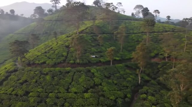 Misty Aerial Drone Shot Over Sylhet Tea Gardens &ndash; Lush Green Terraces in Bangladesh