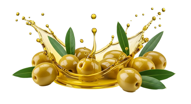 Fresh green olives and olive oil splash isolated on transparent background