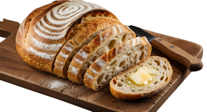 Freshly baked sourdough bread loaf slices with butter on wooden board for delicious breakfast meal on transparent background