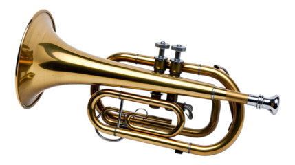 Golden Brass Trumpet with Transparent Background, Glossy Realistic Design Element