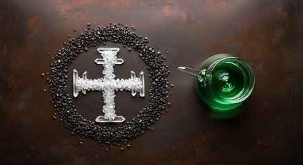 Minimalist occult still life: a cross symbol made of white crystals and quartz points, encircled by black stones, next to a glass teapot with vibrant green liquid on a dark copper background.