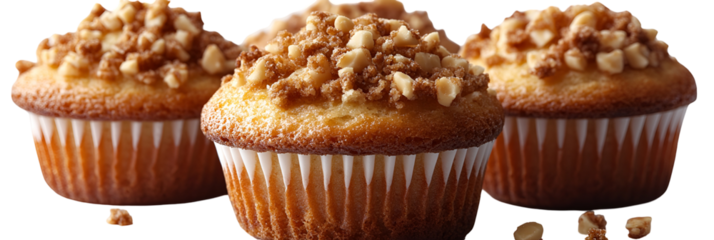 Close up of three topped cupcakes against transparent background