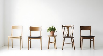 Five wooden chairs and a plant isolated on white background