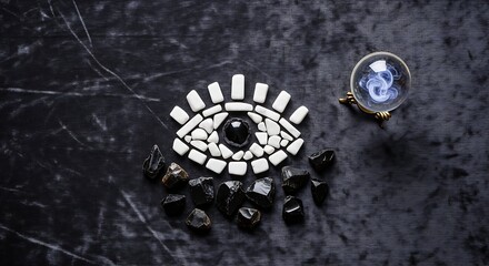 A minimalist eye symbol made of white and black stone fragments, paired with a smoking crystal ball on a dark velvet texture. Concept of foresight, divination, and fortune telling.