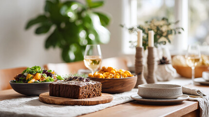 Warm, inviting table setting with rustic elements. Features cake, salad, pasta, and wine. Ideal for lifestyle, food blog, or healthy eating content.