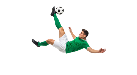 Soccer player performing a bicycle kick isolated on transparent background