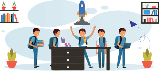 Celebrating collaborative learning — students unite to launch a rocket of knowledge and dreams in a bright, inspiring vector style.